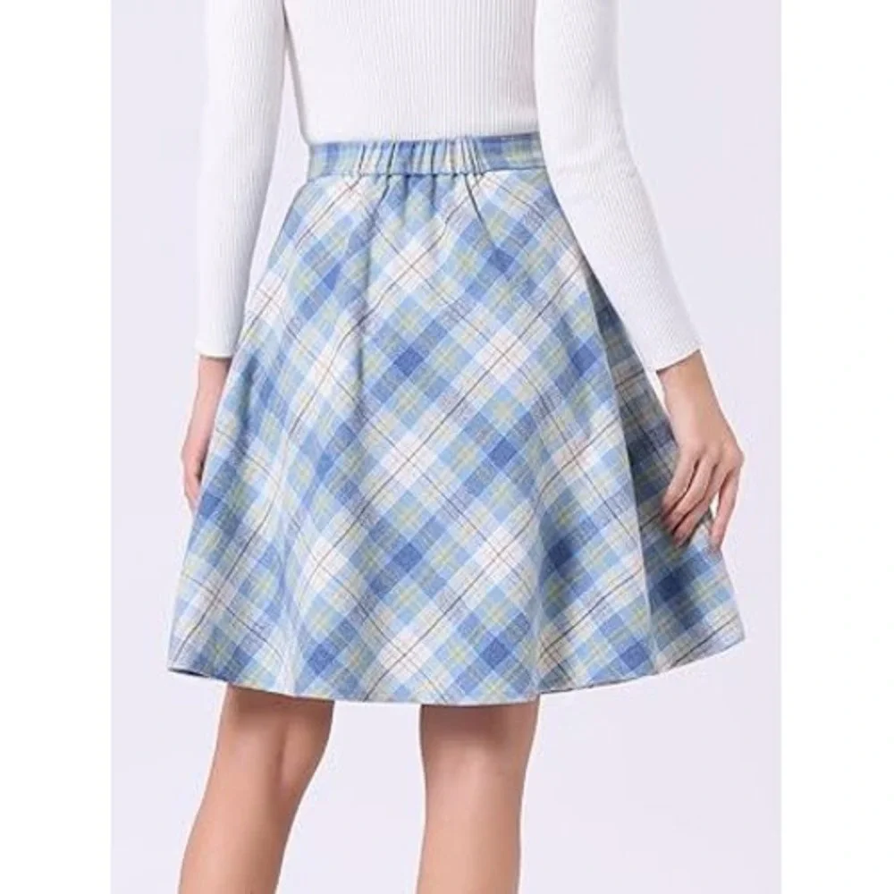Plaid A Line Skirt Women's Blue Yellow White Knee Length Circle‎ Flared